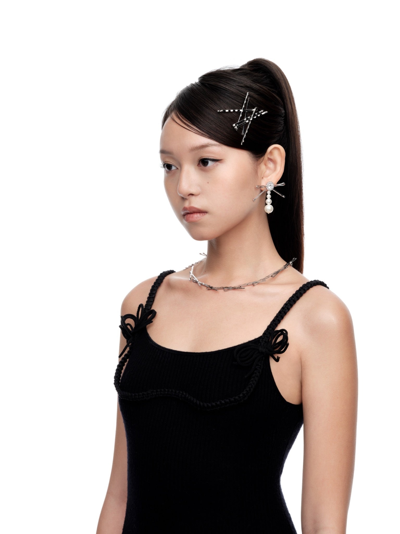 Hair Clip Patchwork Bow Pearl Tassel Stud Earrings Silver