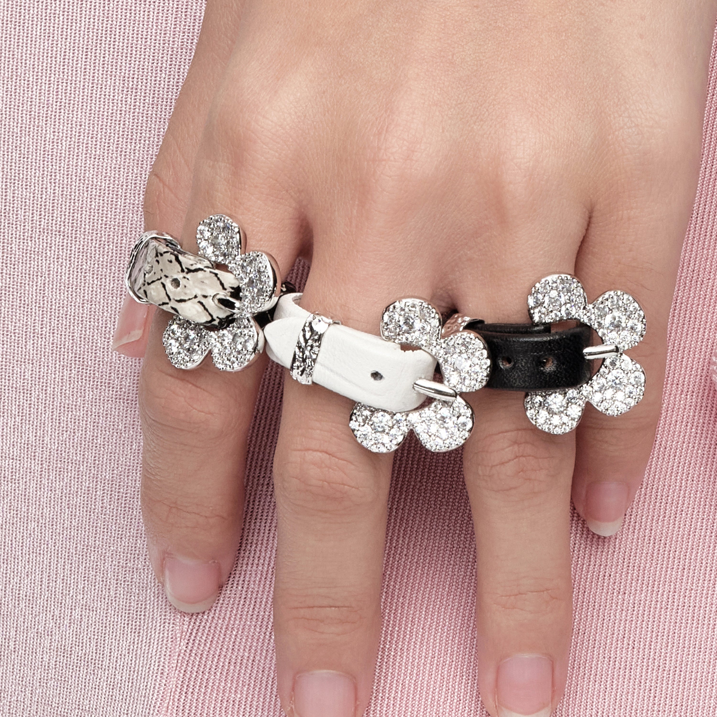 Pavé Flower Buckle Belt Ring White