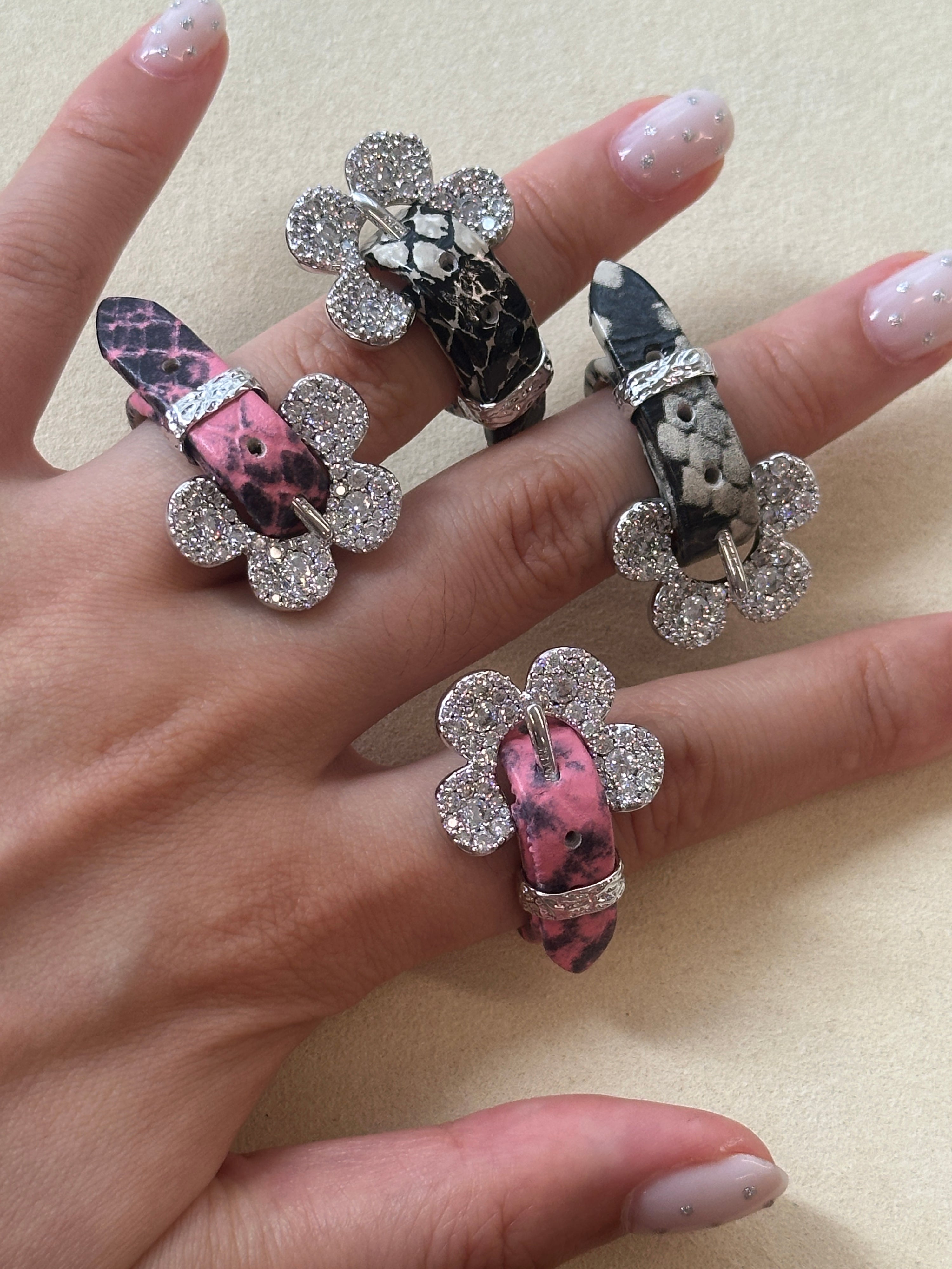 Pavé Flower Buckle Belt Ring White