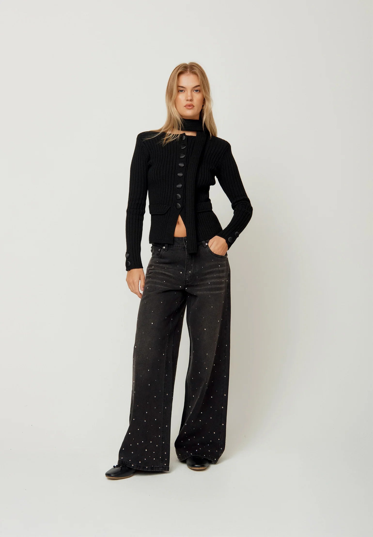 Crystallised Wide Leg Denim Black