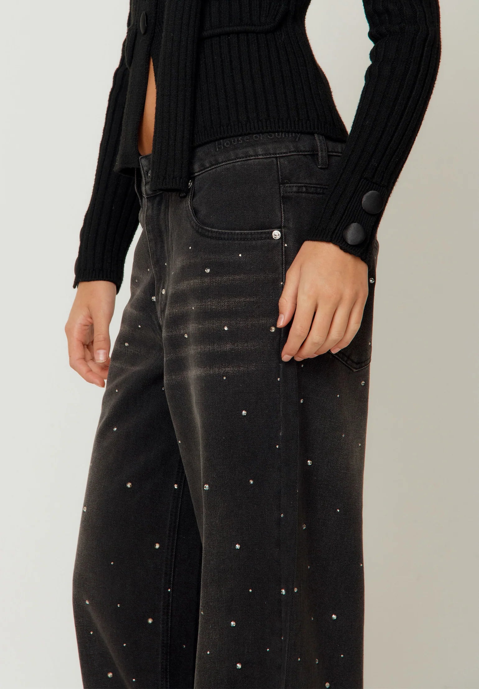 Crystallised Wide Leg Denim Black