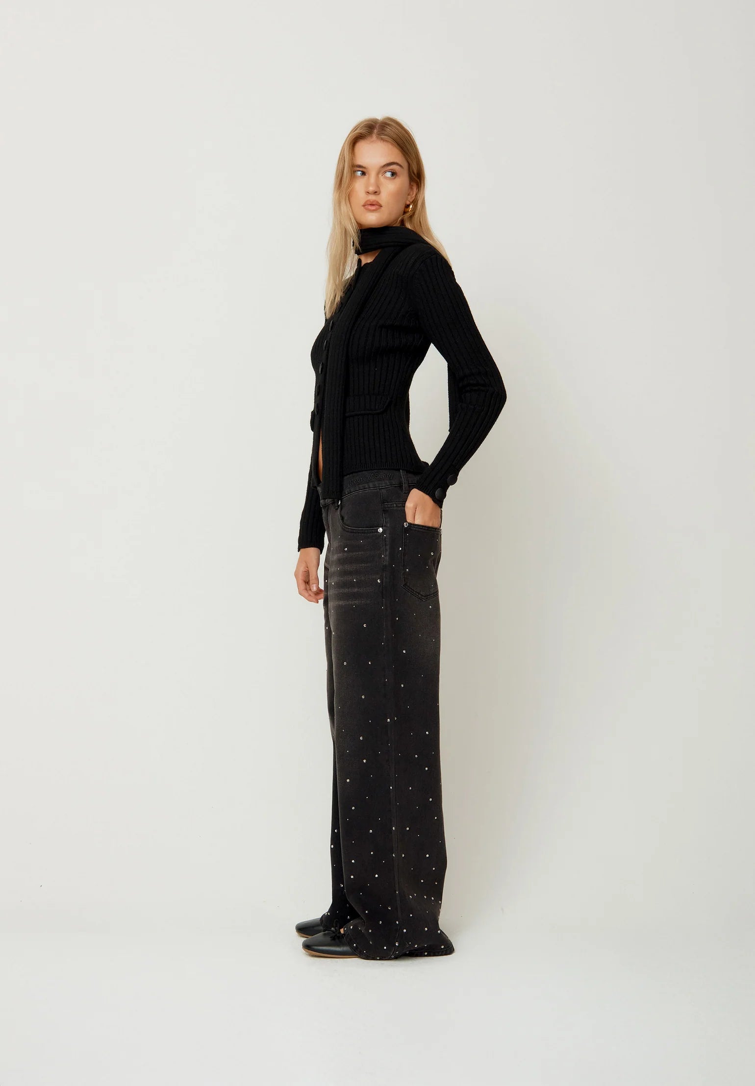 Crystallised Wide Leg Denim Black