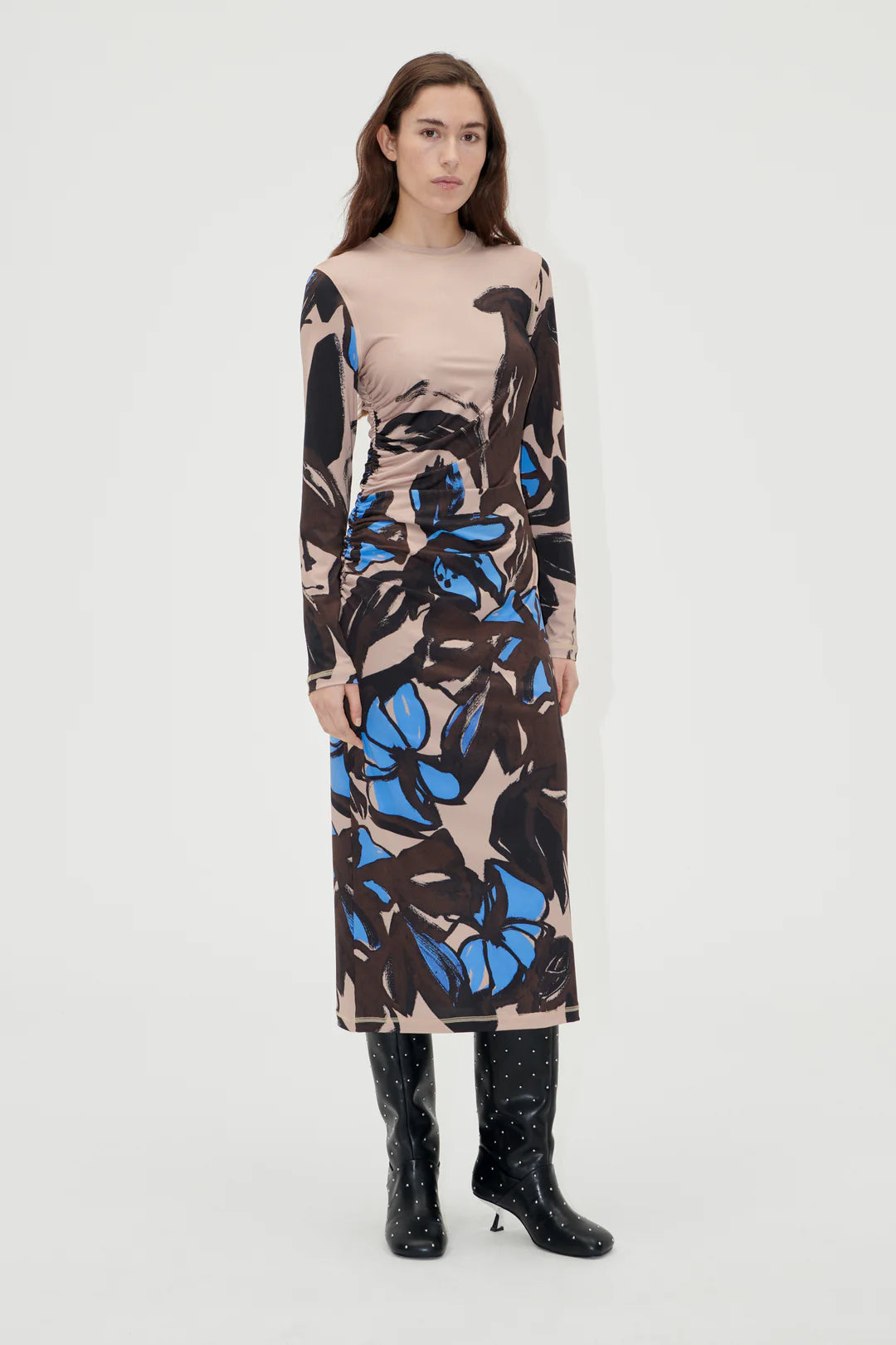 Gathered Long Sleeve Midi Dress