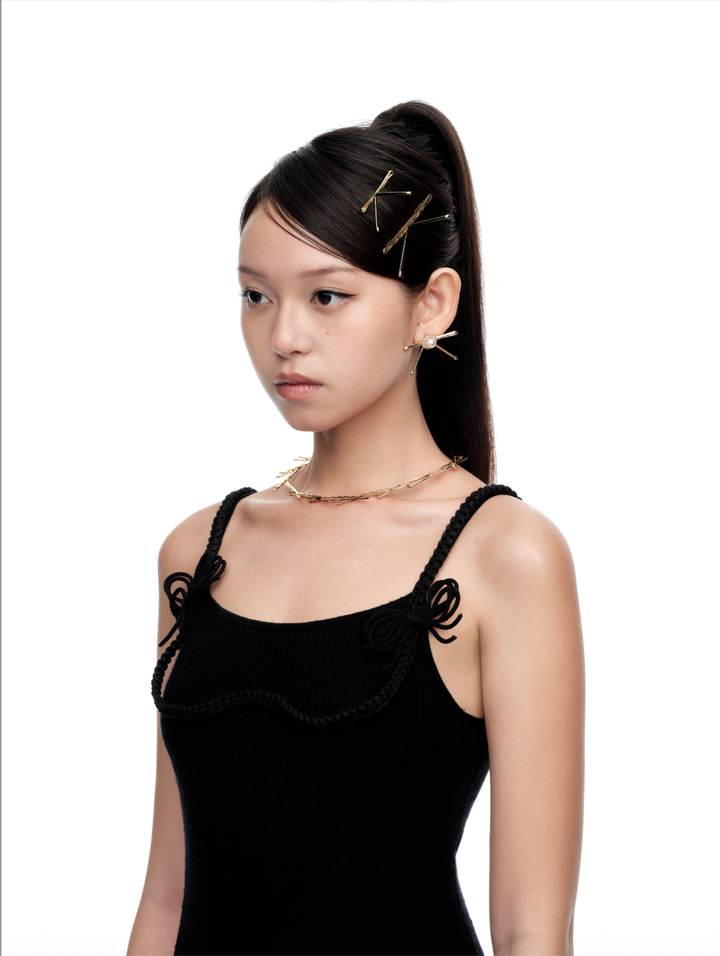 Hair Clip Patchwork Bow Pearl Stud Earrings Gold